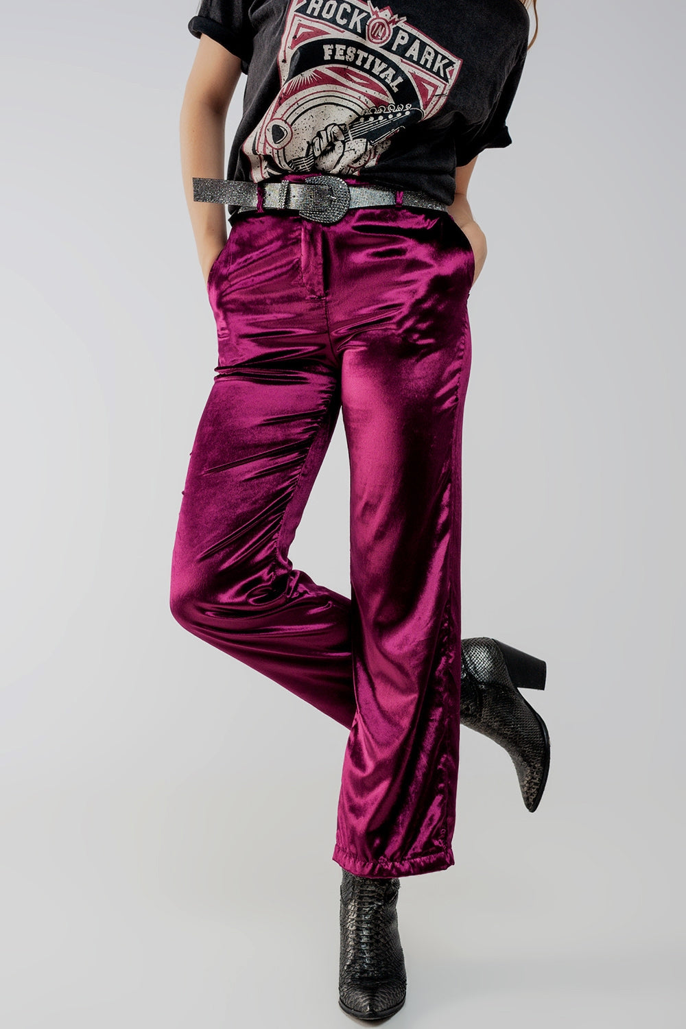 Straight leg velvet pants in purple - trousers