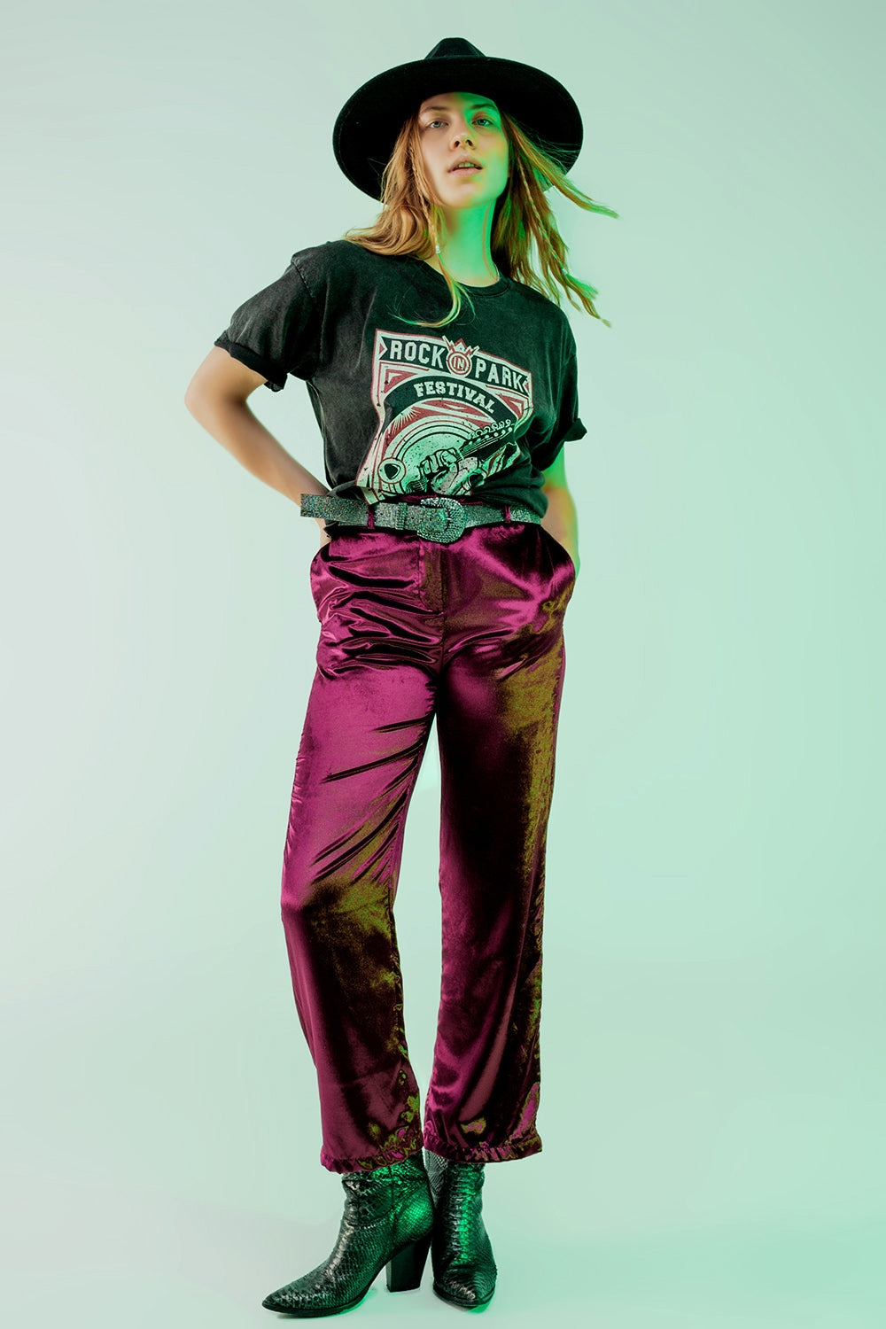 Straight leg velvet pants in purple - trousers