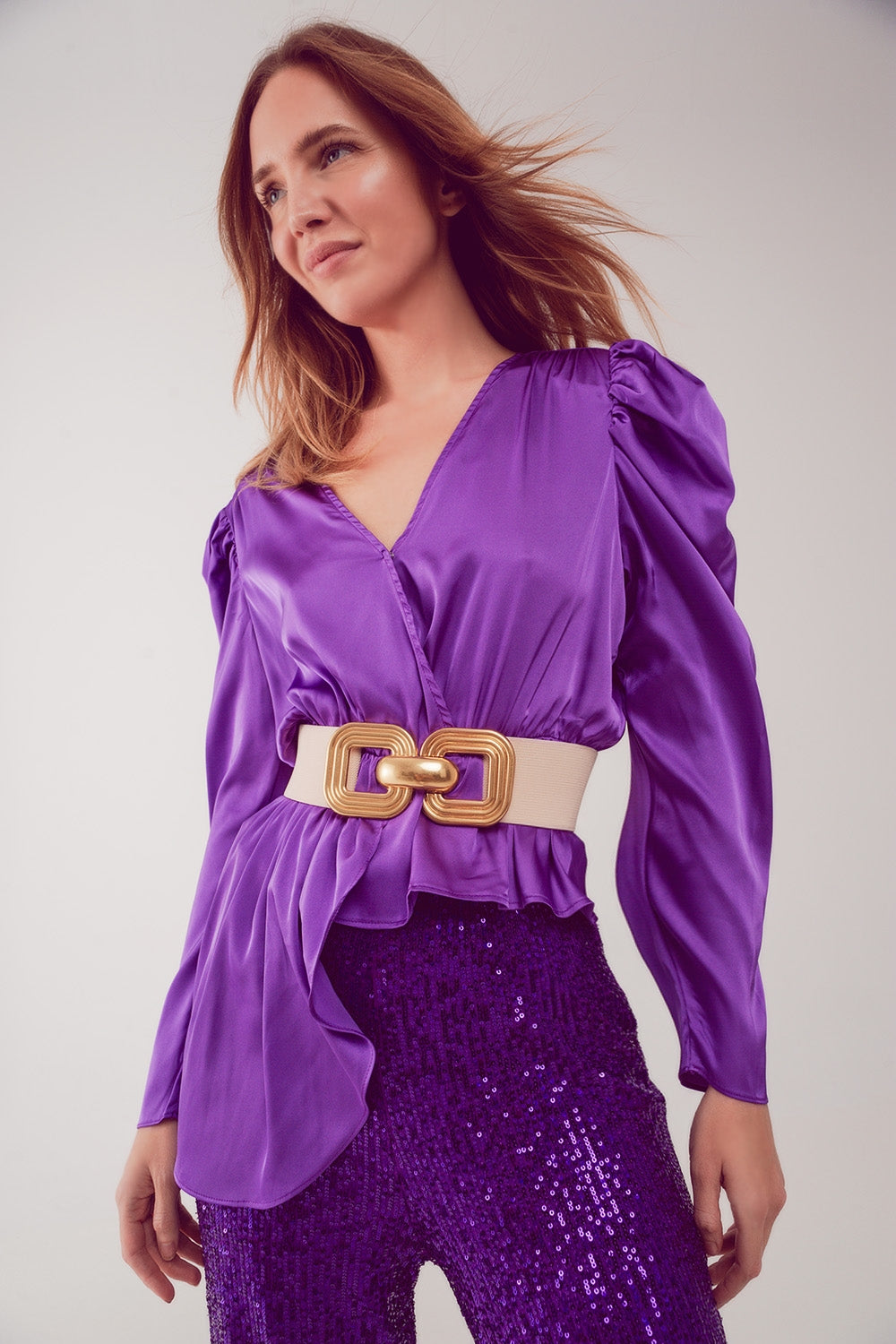 Asymmetric puff sleeve blouse in purple - Shirts