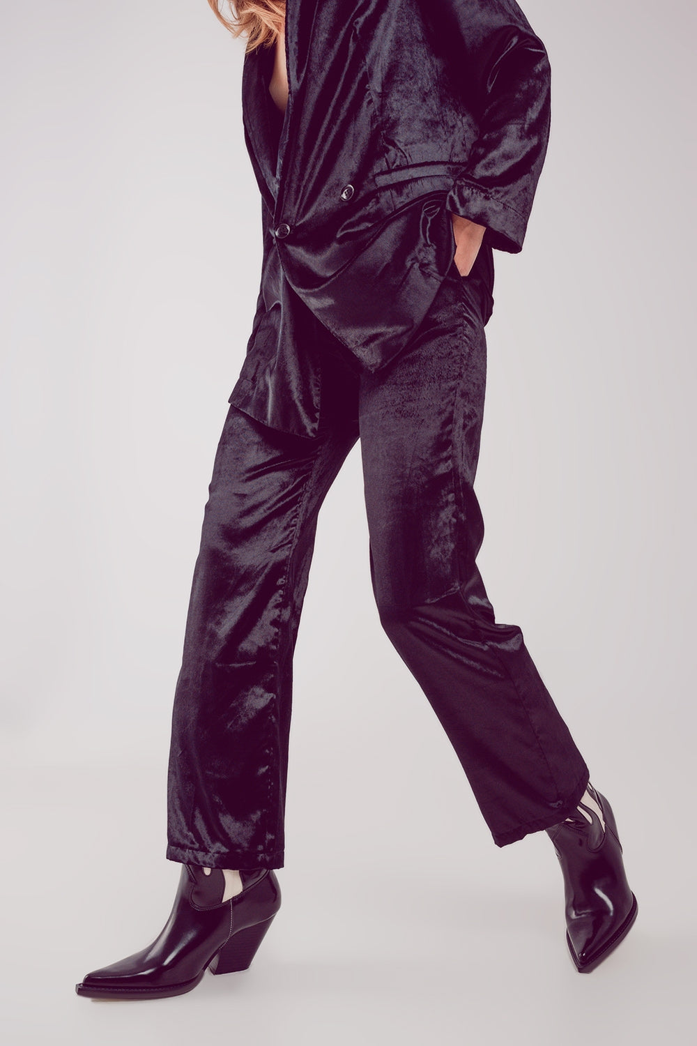 Straight leg velvet pants in black - trousers