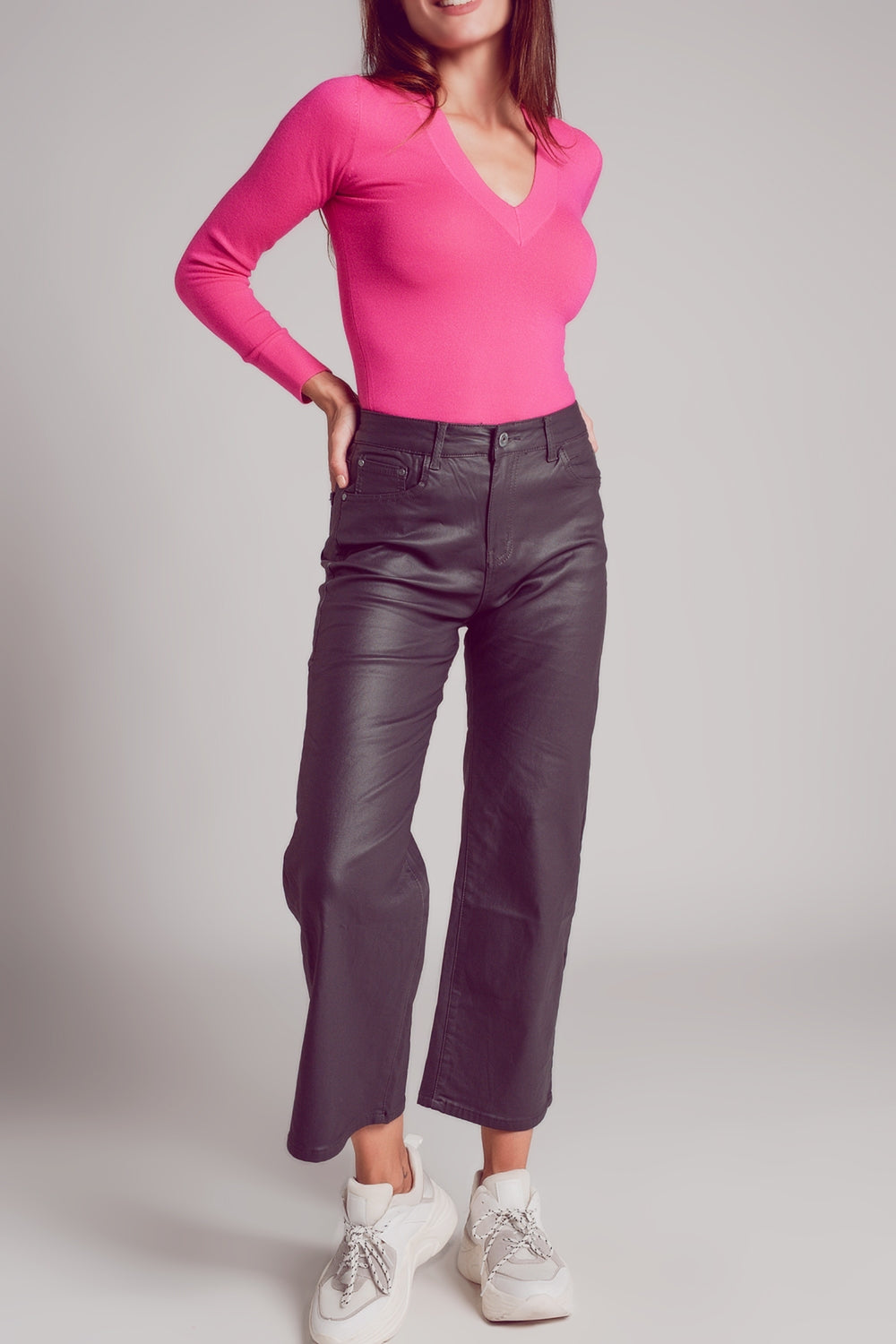 Faux leather wide leg trouser in grey - trousers