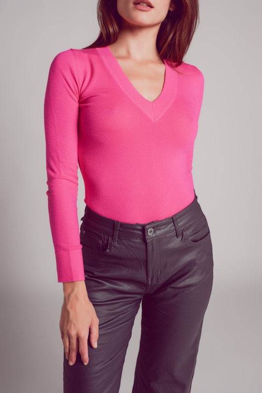 V neck fine knit jumper in fuchsia - jumper