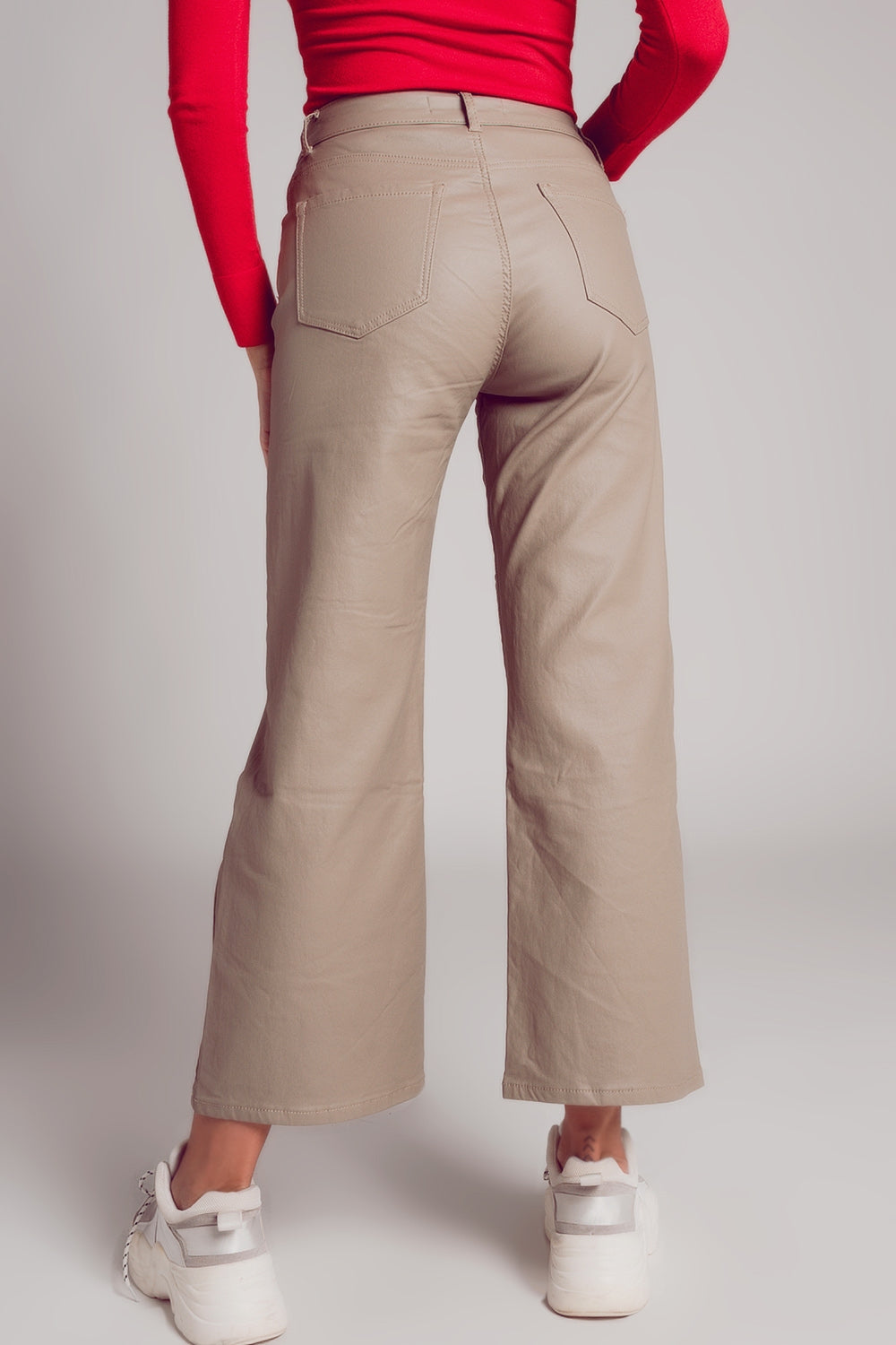 Faux leather wide leg trouser in beige - trousers