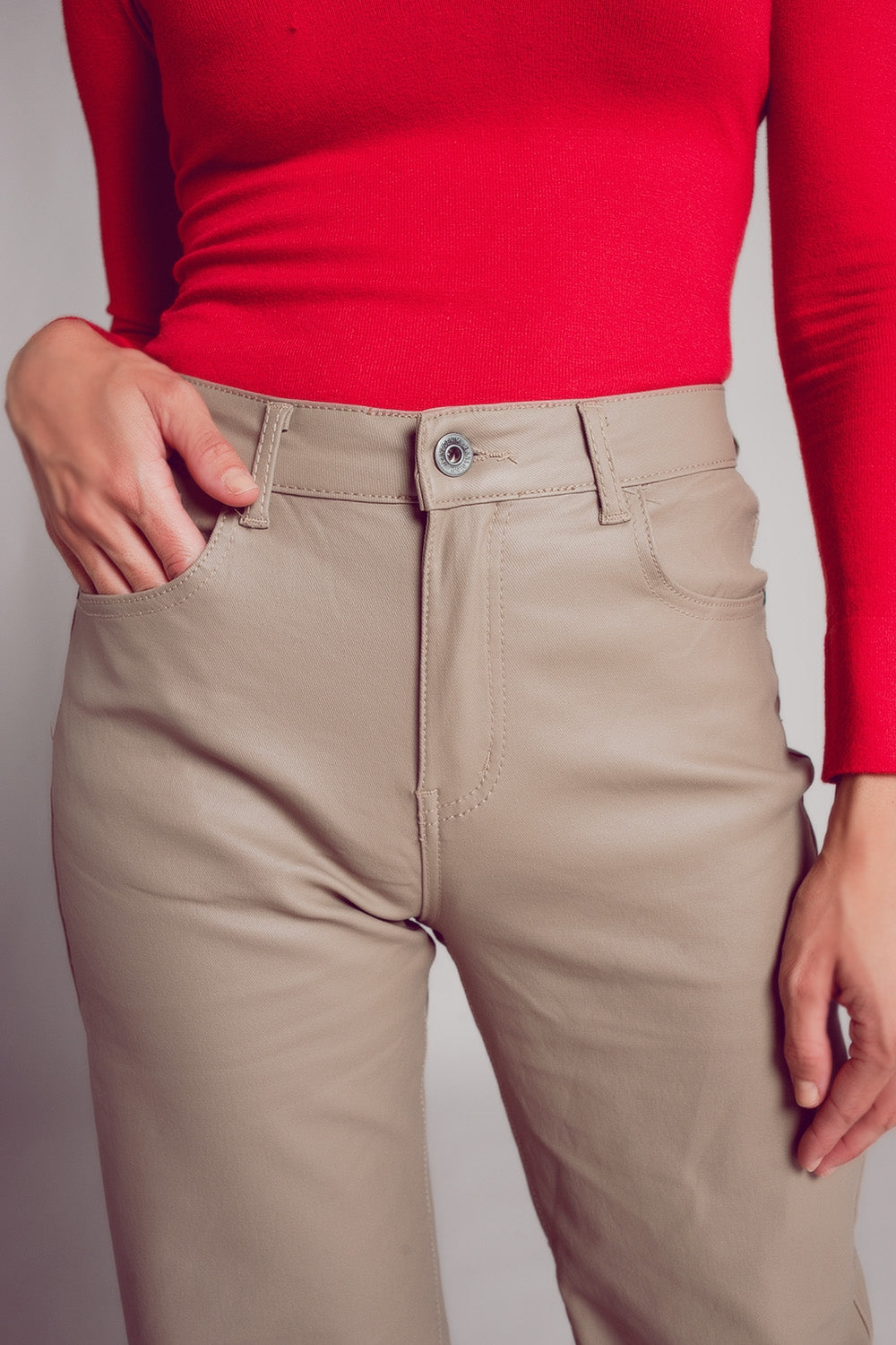 Faux leather wide leg trouser in beige - trousers