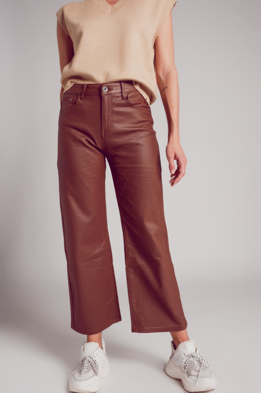 Faux leather wide leg trouser in brown - trousers