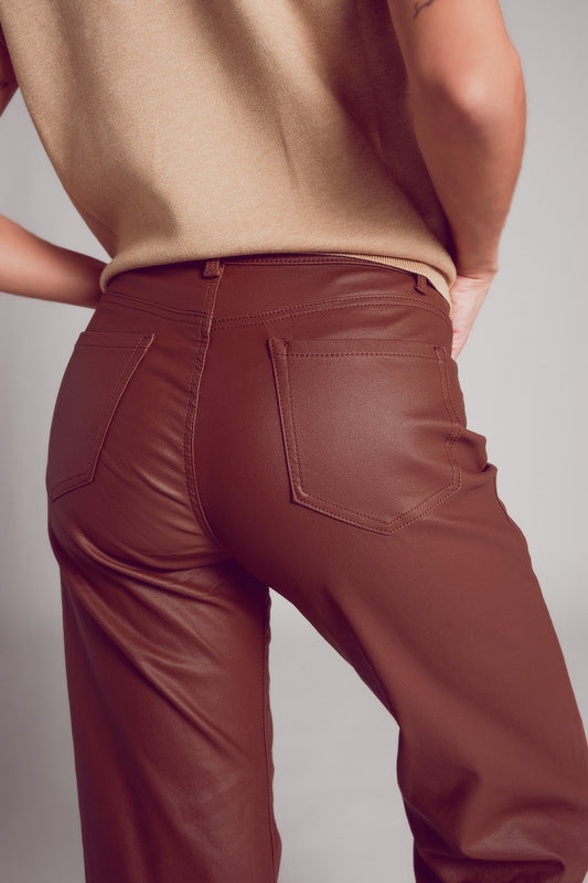Faux leather wide leg trouser in brown - trousers