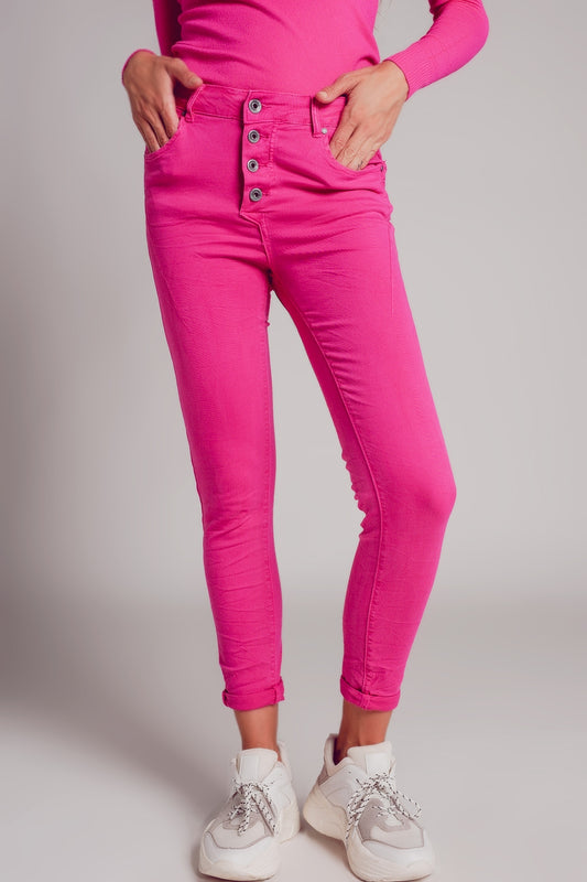 Exposed buttons skinny jeans in fuchsia - Coloured Jeans