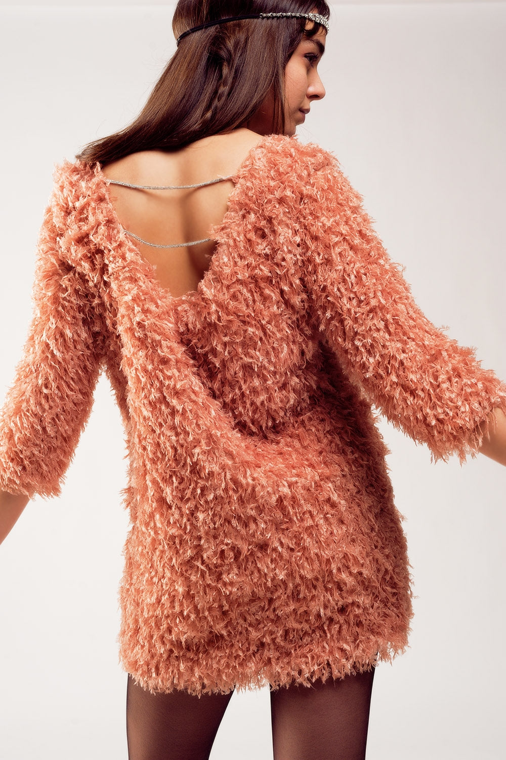All over faux feather three quarter sleeve mini dress in pink - dress