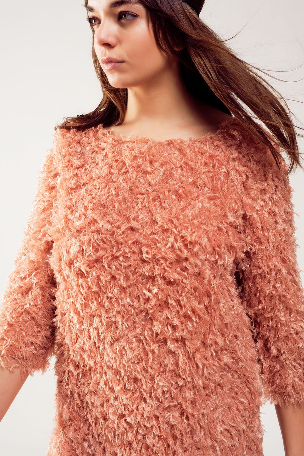 All over faux feather three quarter sleeve mini dress in pink - dress