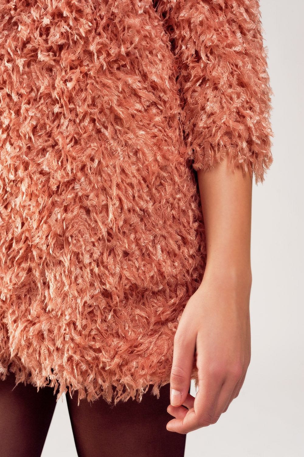 All over faux feather three quarter sleeve mini dress in pink - dress