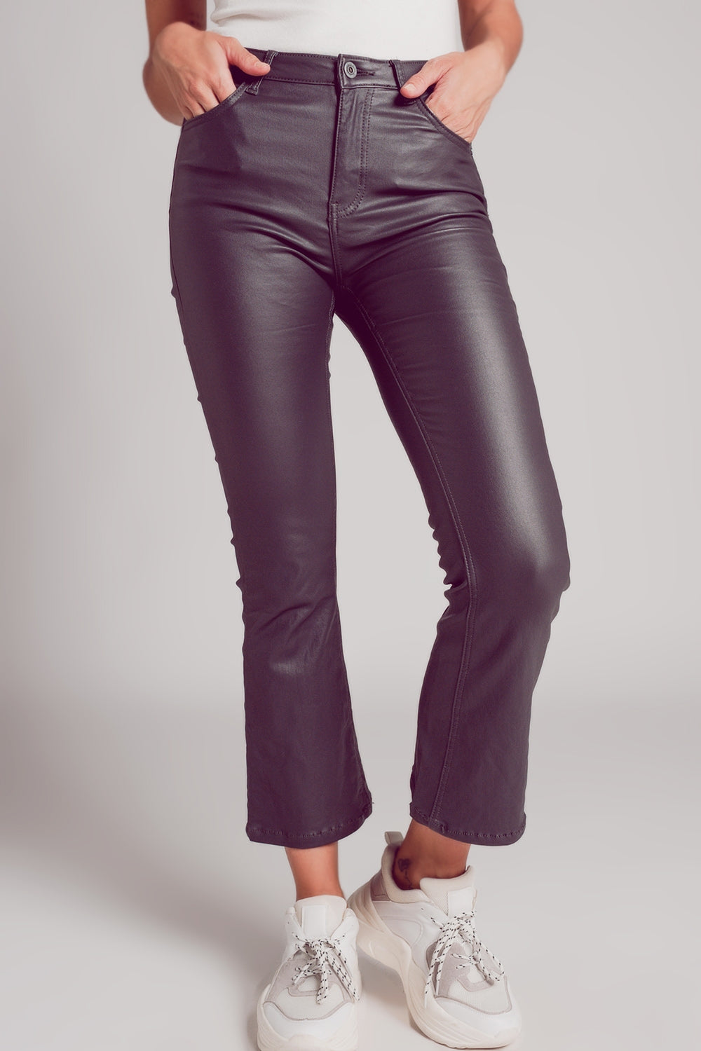 Stretch faux leather flare pants in grey - trousers