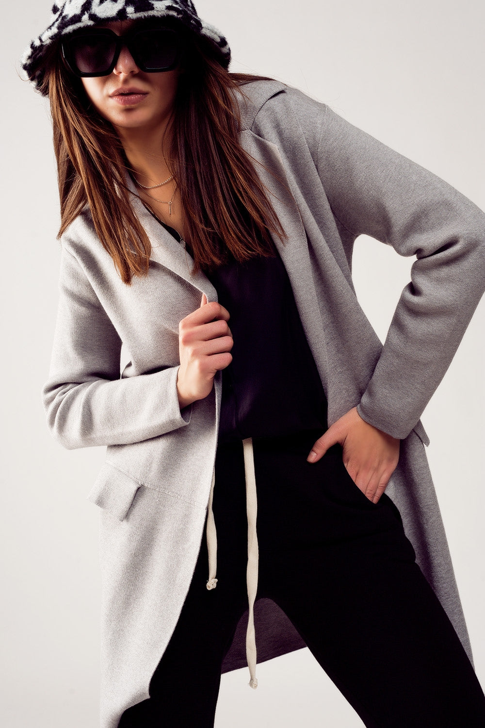 Oversized collar maxi cardigan in grey