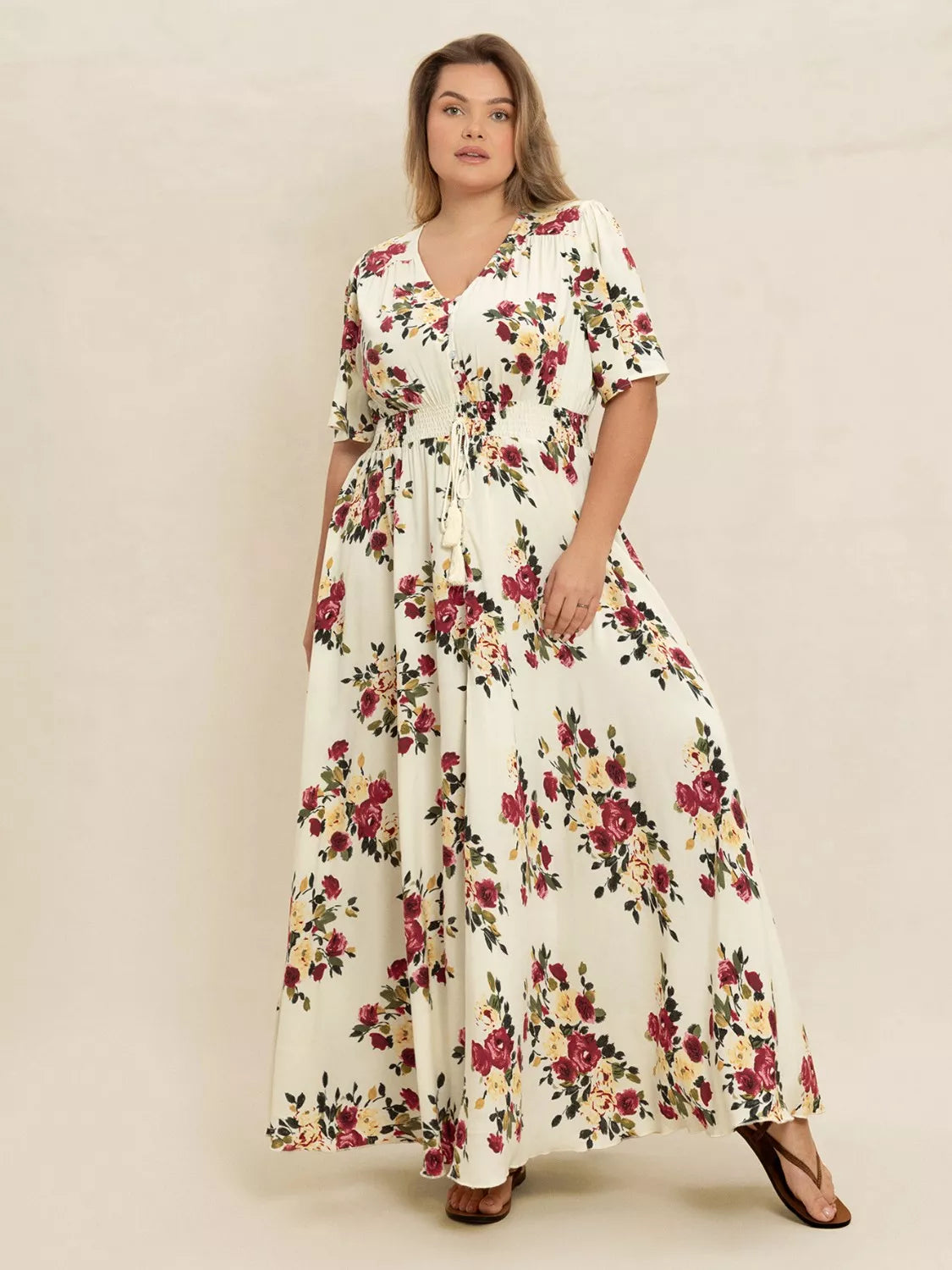 Plus Size Floral Flutter Sleeve Maxi Dress with Button Front -