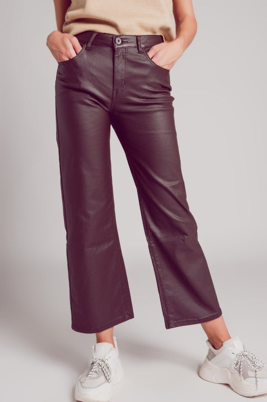 Faux leather wide leg trouser in chocolate brown - trousers