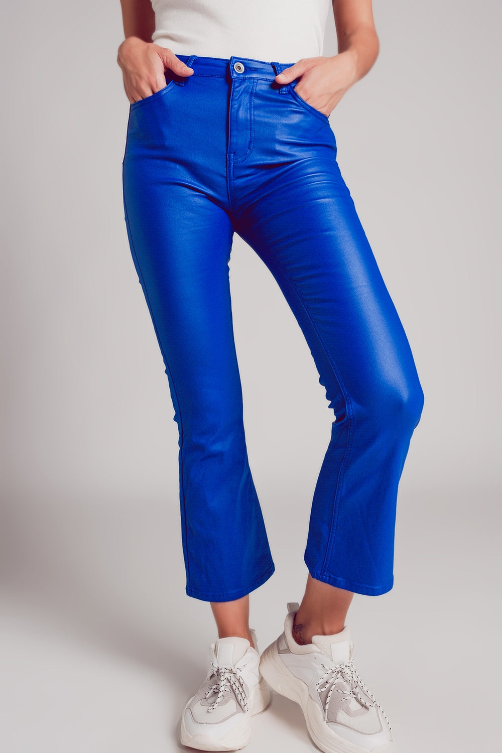 Stretch faux leather flare pants in blue - trousers
