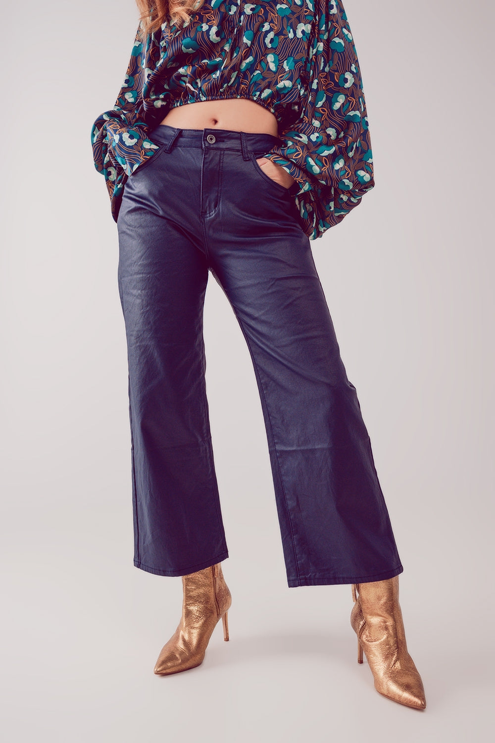 Faux leather wide leg pants in blue - trousers