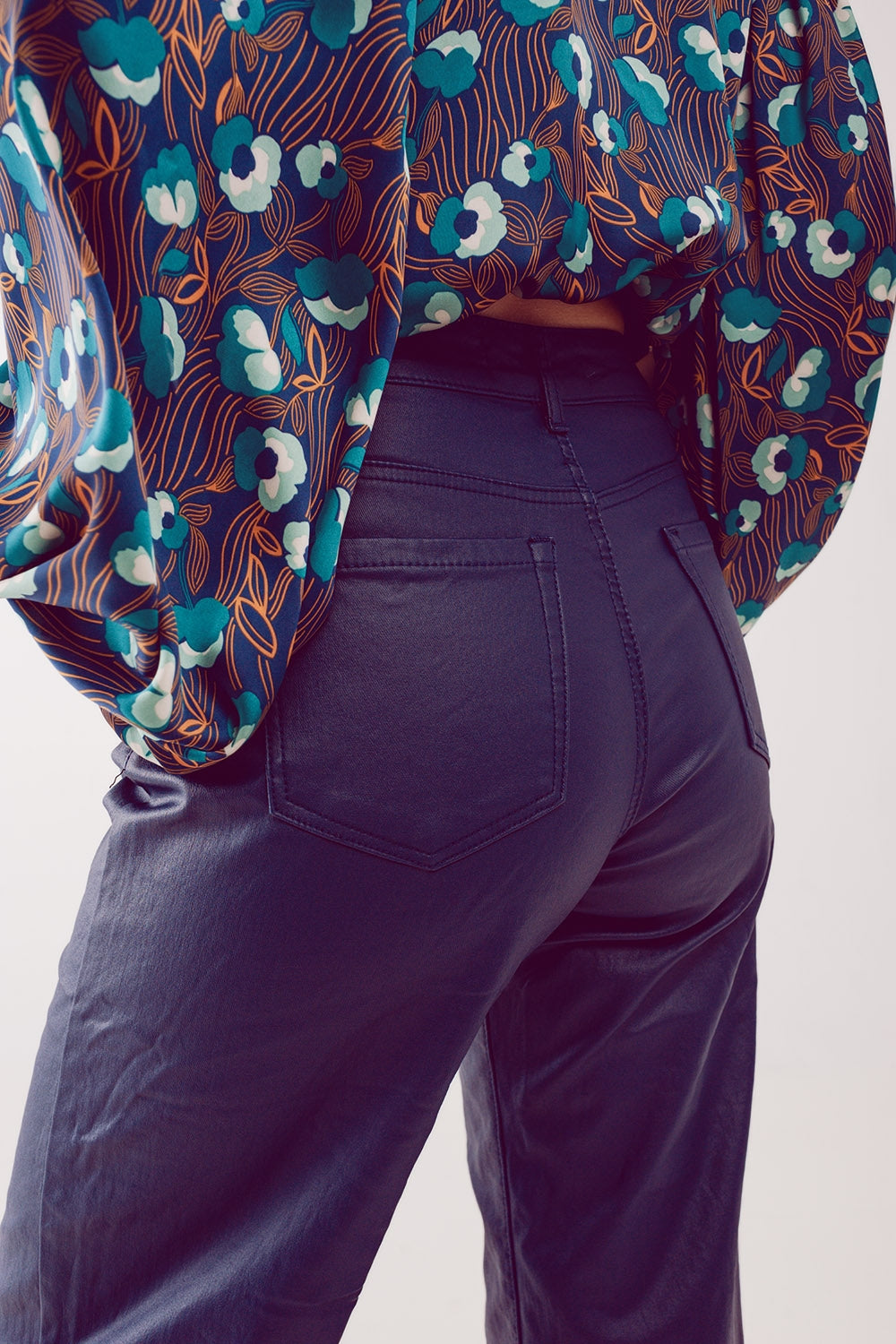 Faux leather wide leg pants in blue - trousers