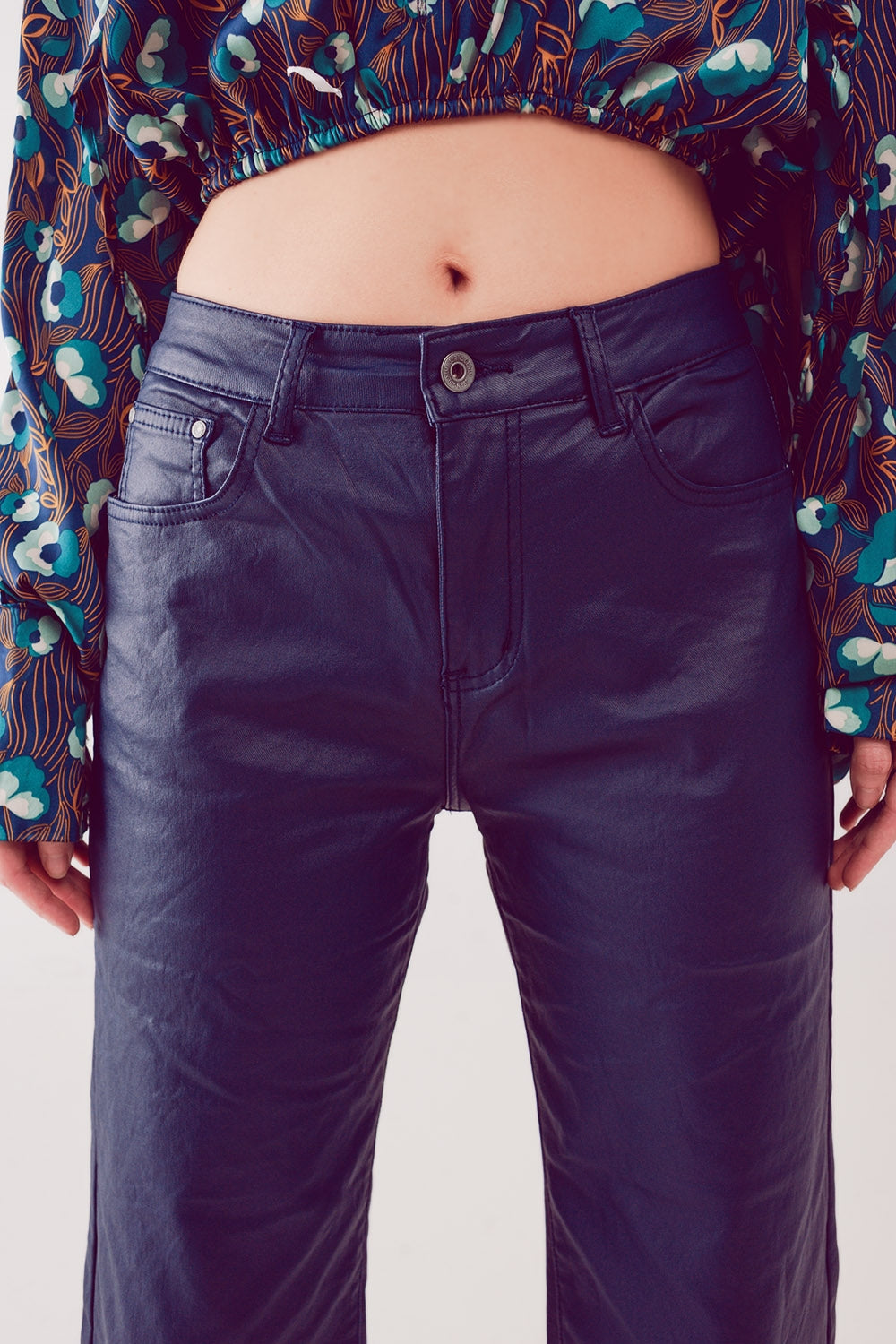 Faux leather wide leg pants in blue - trousers