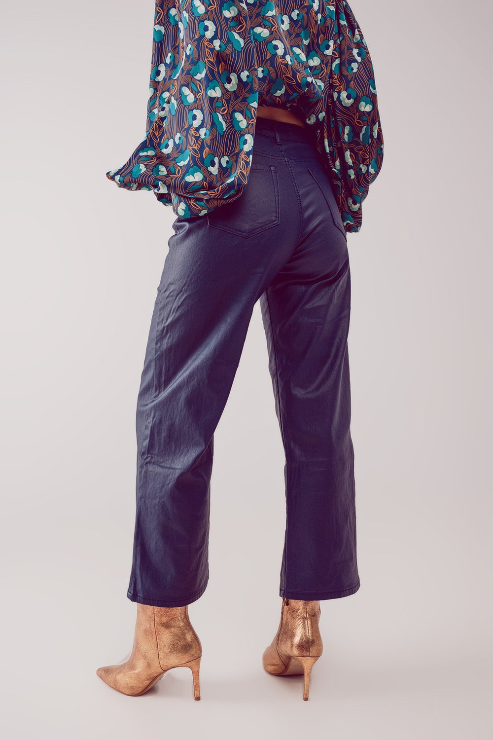 Faux leather wide leg pants in blue - trousers