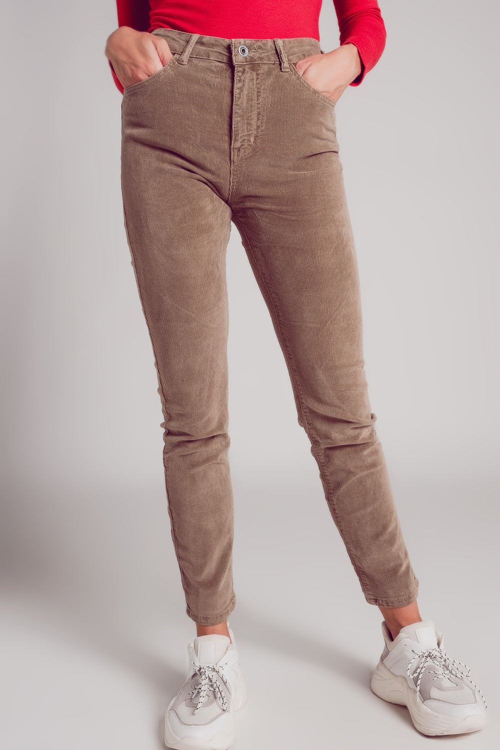 Cotton skinny cord pants in beige - trousers