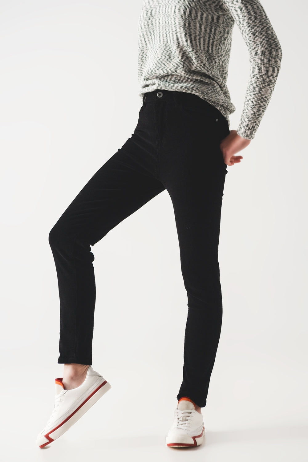 Elastic Cotton skinny cord pants in black - trousers