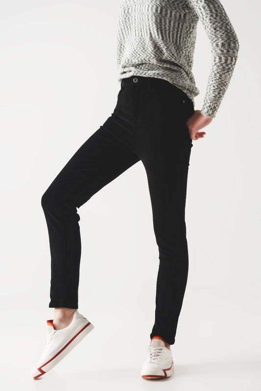Elastic Cotton skinny cord pants in black - trousers