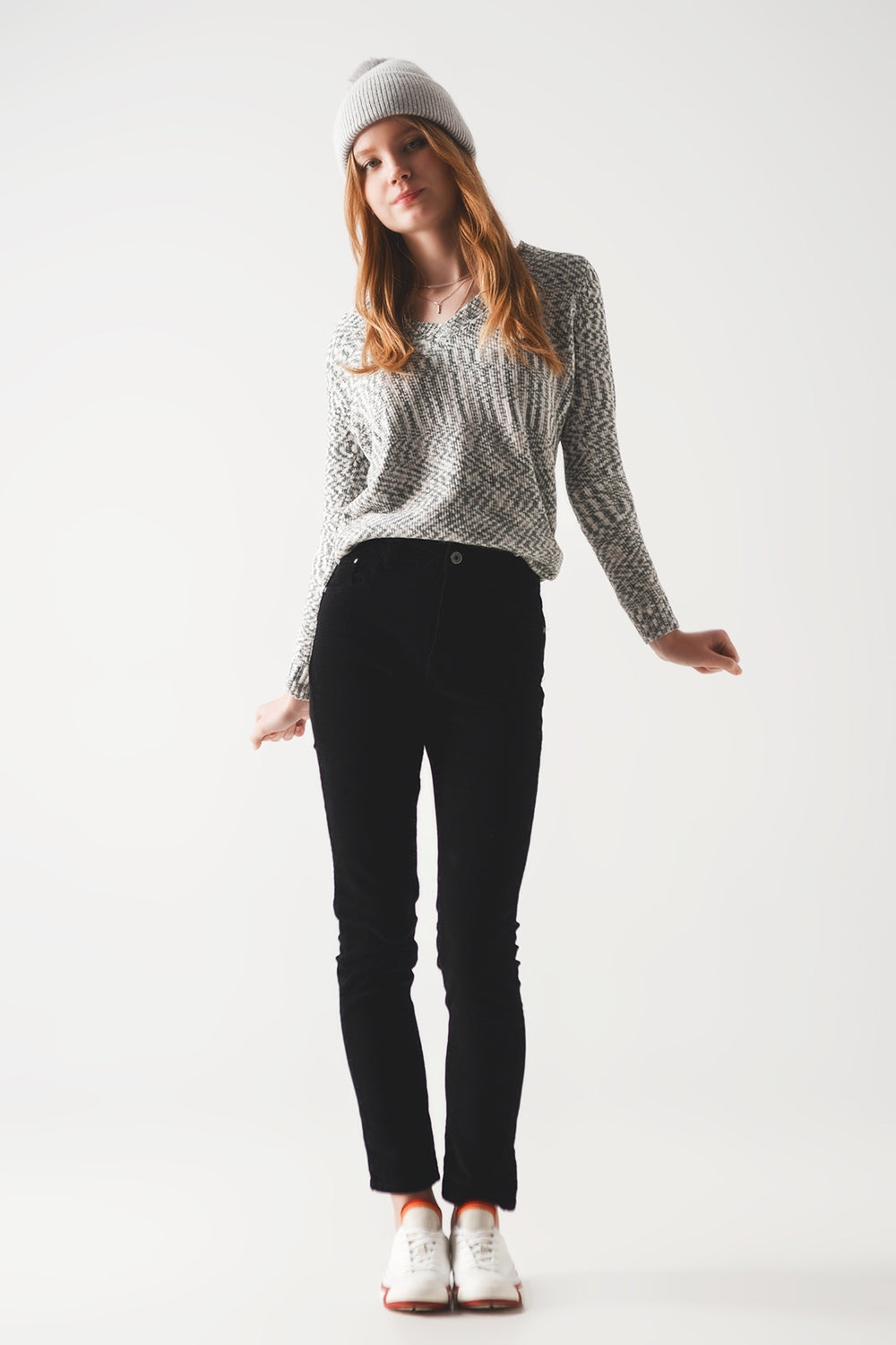 Elastic Cotton skinny cord pants in black - trousers