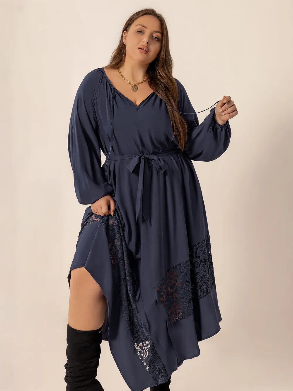 Plus Size Lace Detail Tie Neck Long Sleeve Midi Dress -