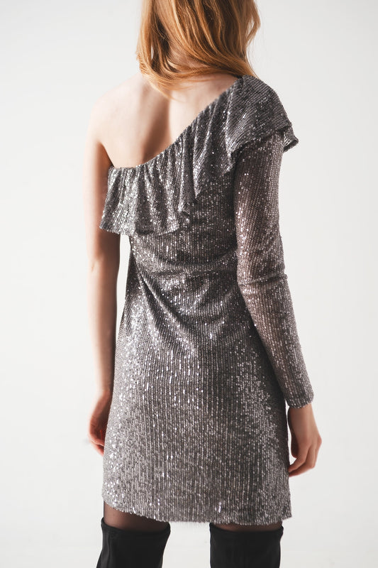 Sequin long sleeve mini dress in silver - dress