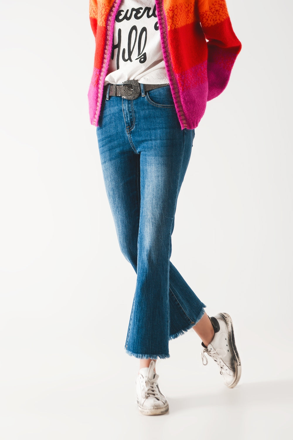Flared jeans with raw edge in mid wash - Denim
