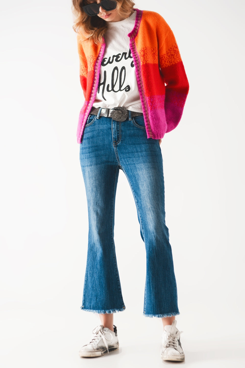 Flared jeans with raw edge in mid wash - Denim
