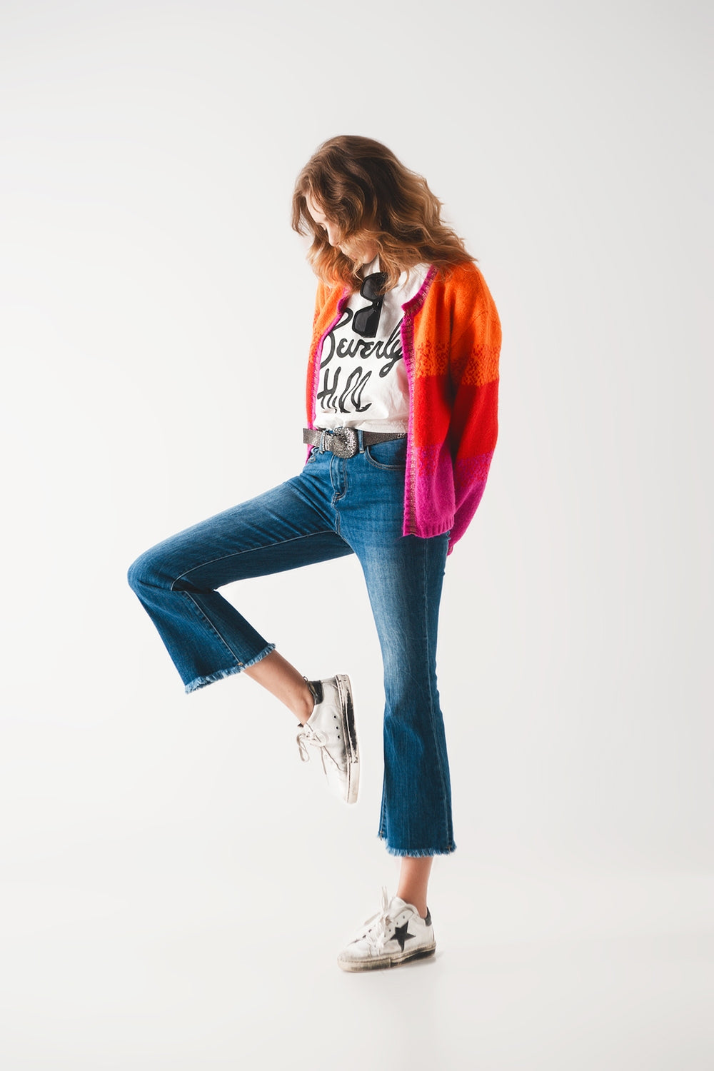 Flared jeans with raw edge in mid wash - Denim