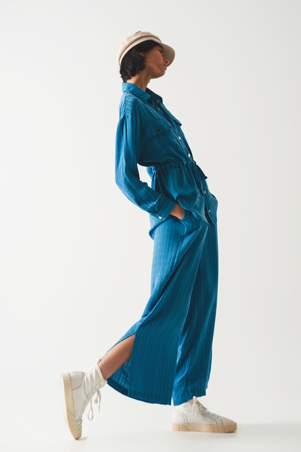 wide leg drawstring pants in blue - trousers