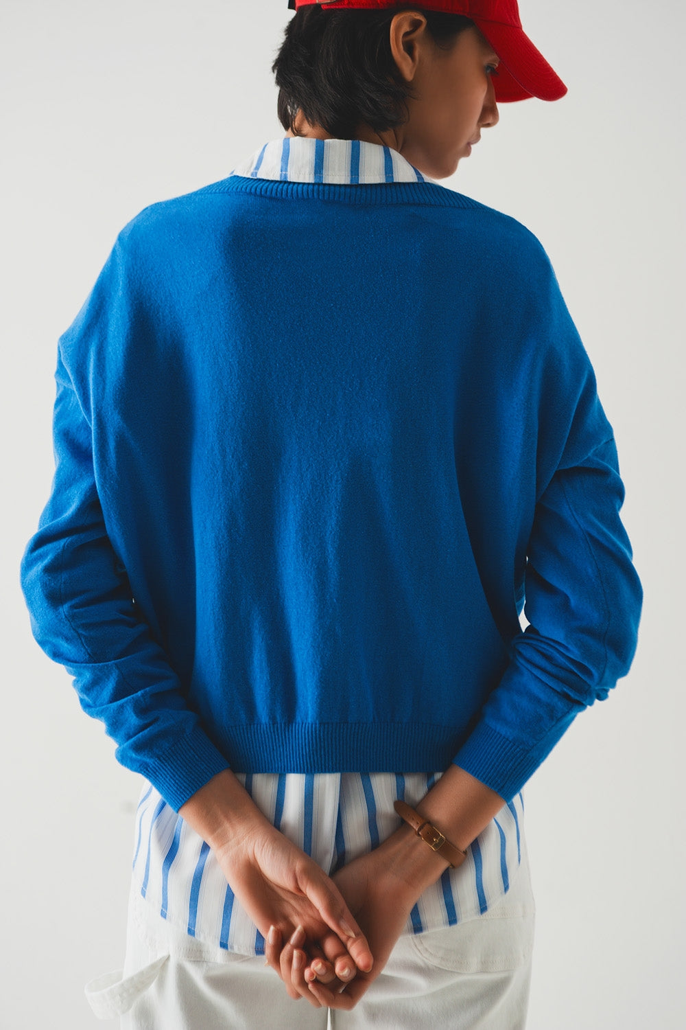v neck fine knit sweater in blue - jumper