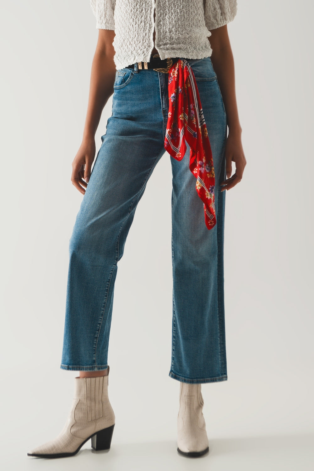 Cotton high waist straight leg jeans in vintage blue - Denim