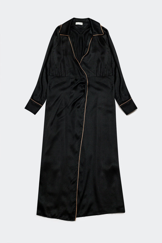 Satin wrap front maxi dress in black satin - dress