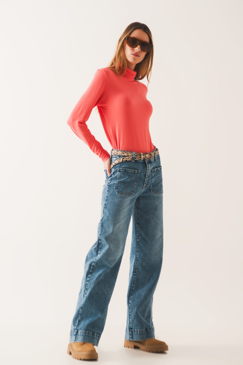 High neck long sleeve top in orange modal - top
