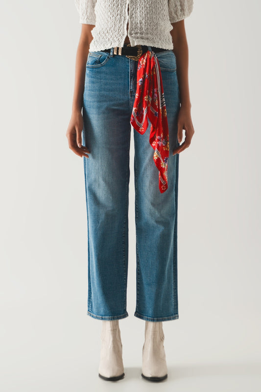 Cotton blend high waist wide leg jeans - Denim