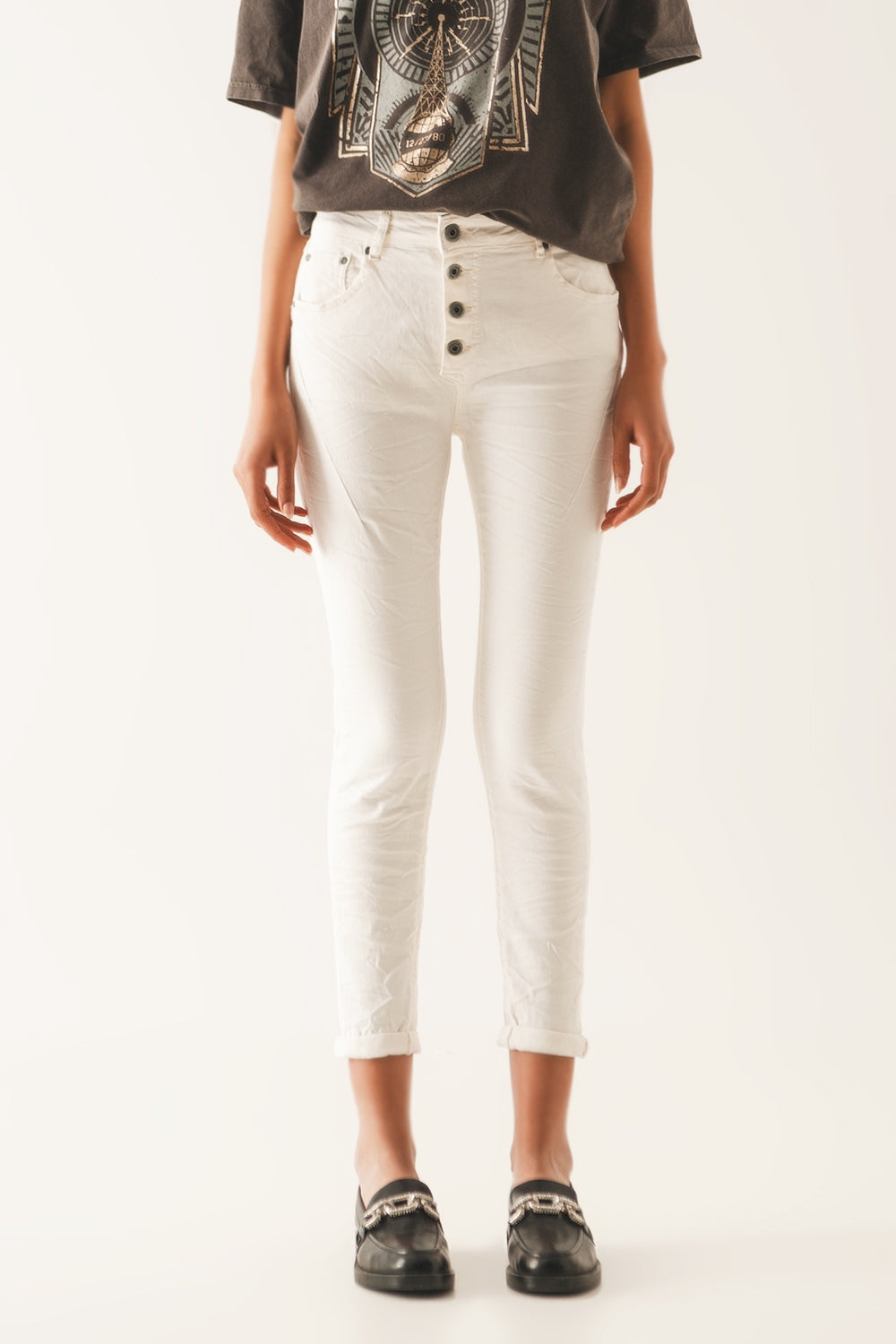Exposed buttons skinny jeans in cream - Coloured Jeans