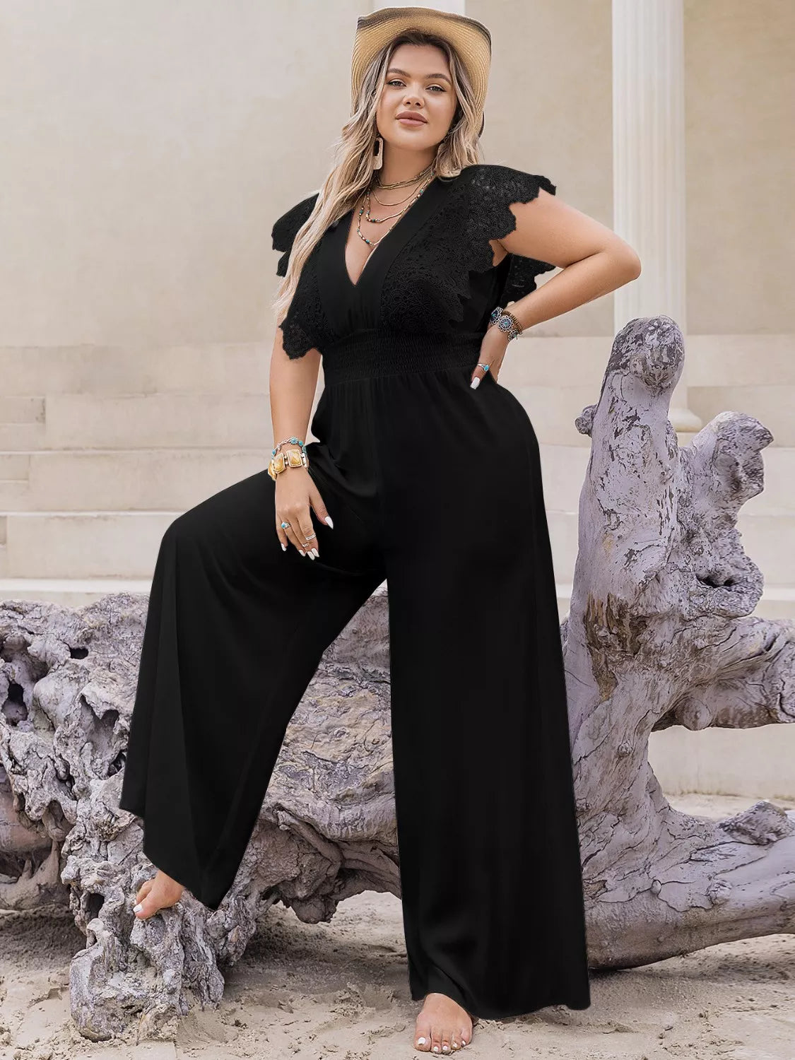Plus Size Lace Cap Sleeve Wide Leg Jumpsuit -