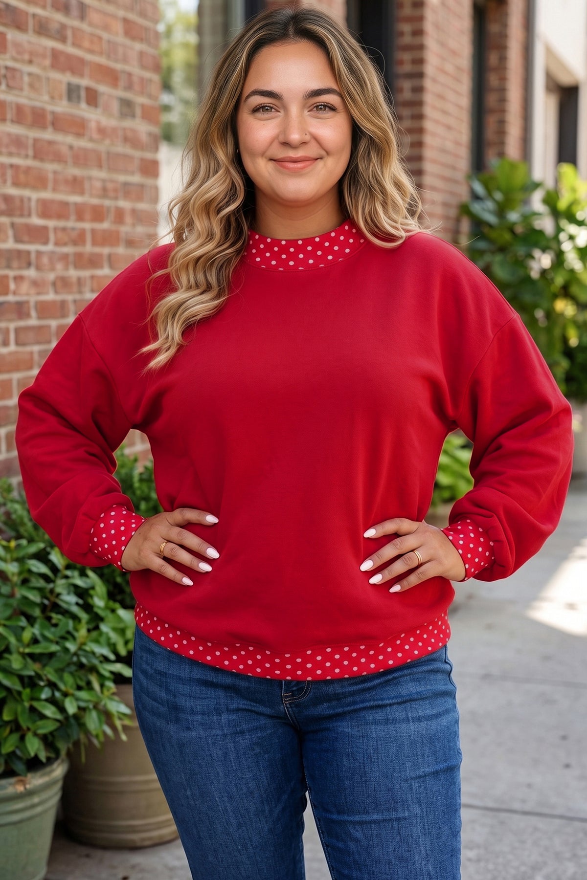 Tillandsia Purple Polka Dot Patchwork Round Neck Plus Size Sweatshirt - Plus Size/Plus Size Sweatshirts & Hoodies