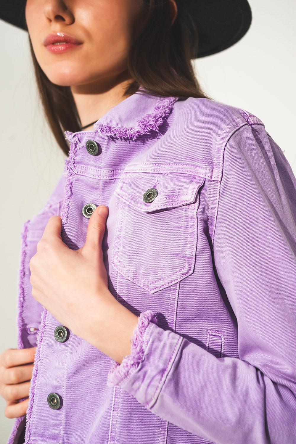 Raw edge denim jacket in purple