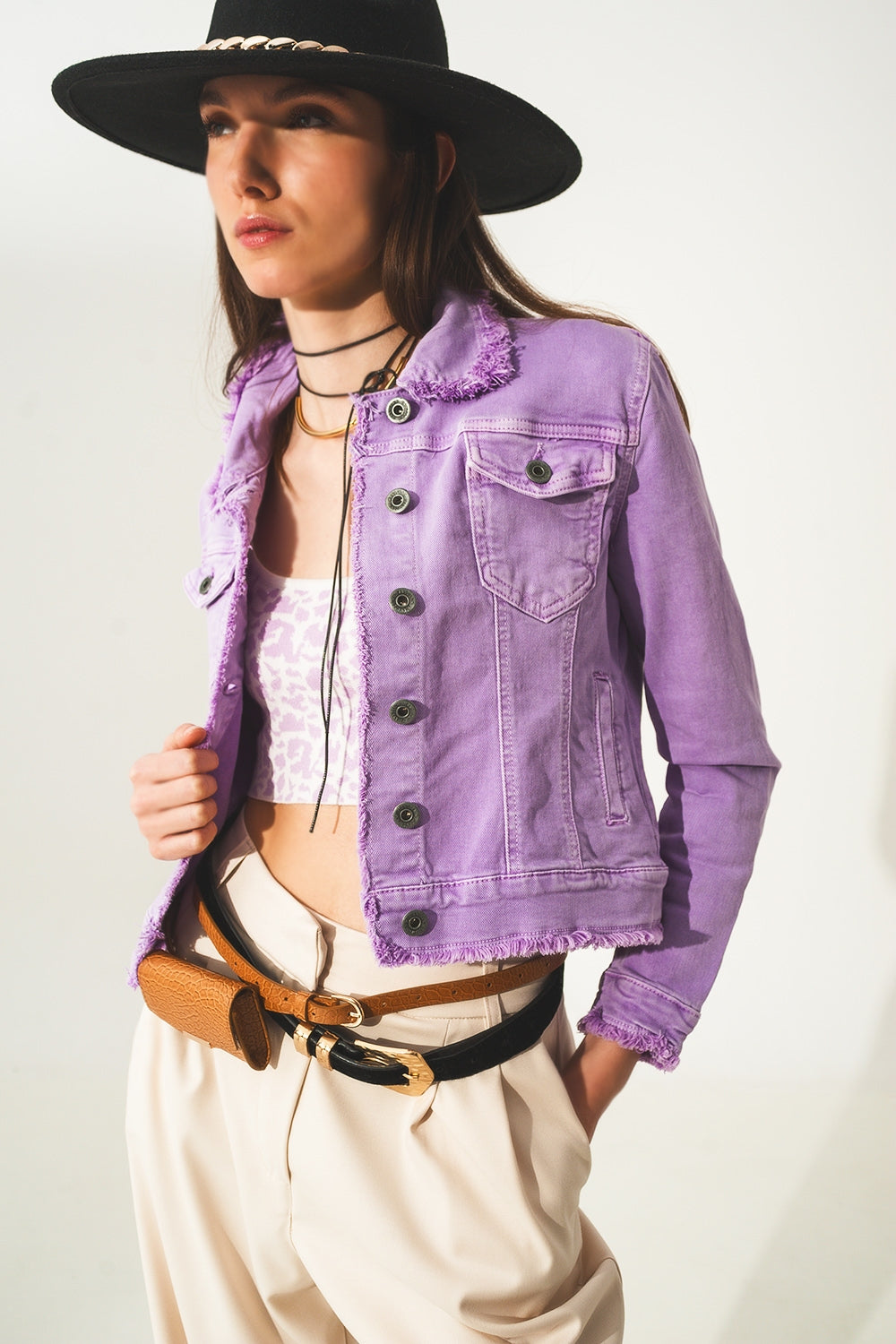 Raw edge denim jacket in purple