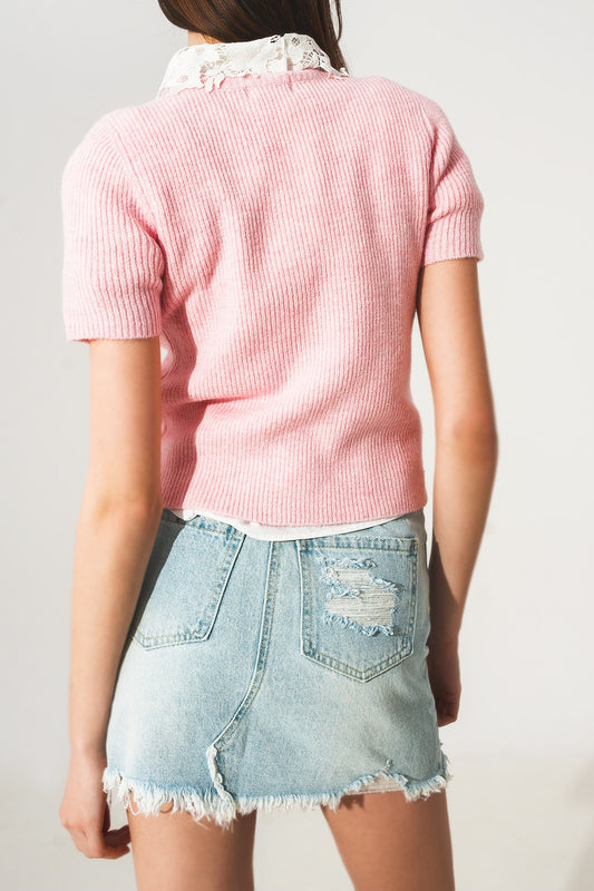 Ribbed short sleeve crop knitted top in pink - jumper
