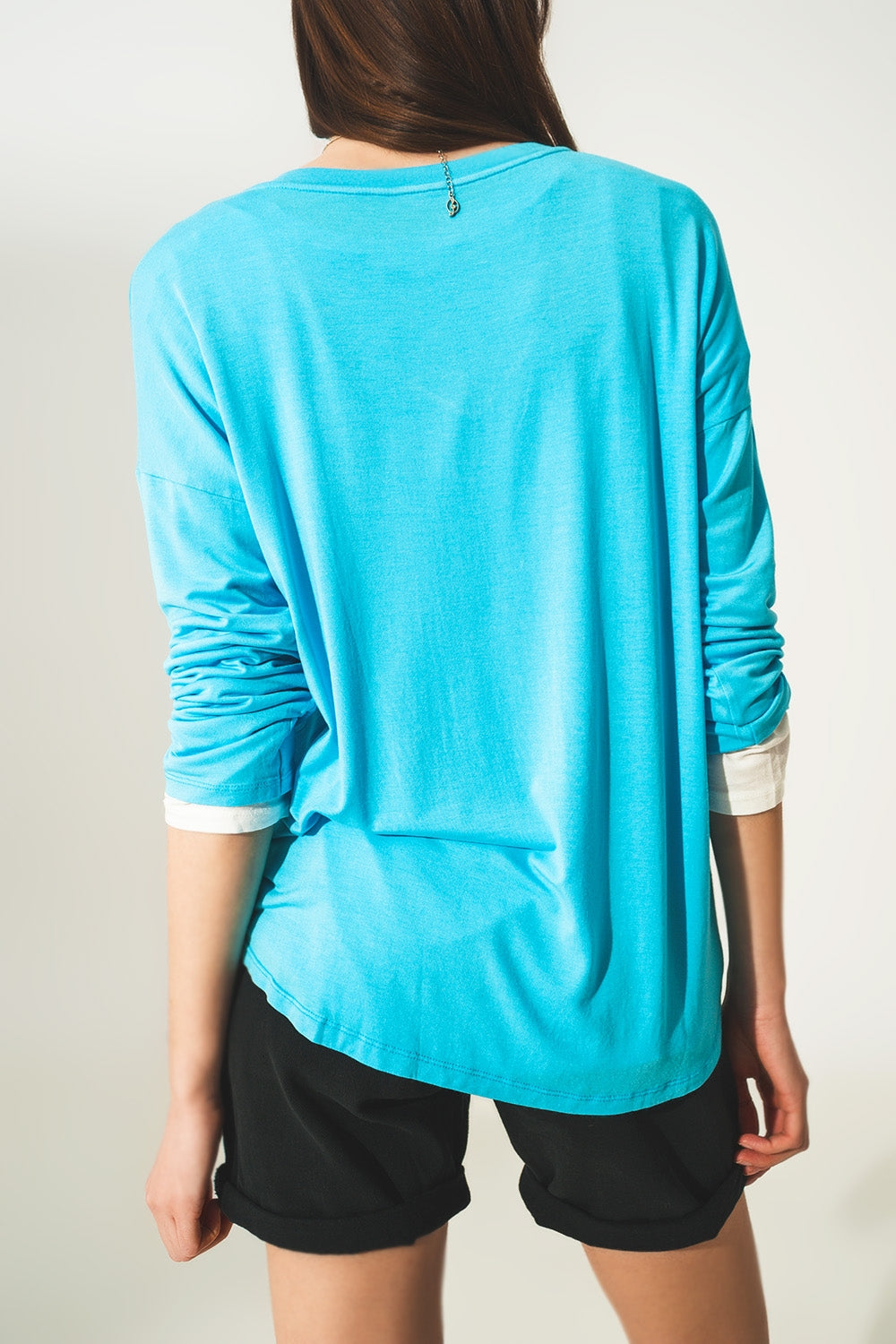 Blue long sleeve v neck top in modal - top