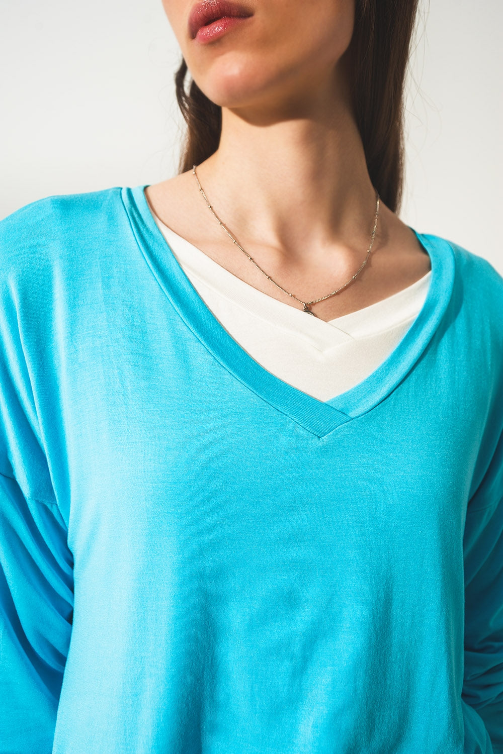 Blue long sleeve v neck top in modal - top