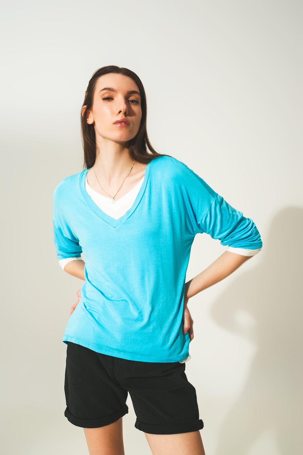 Blue long sleeve v neck top in modal - top