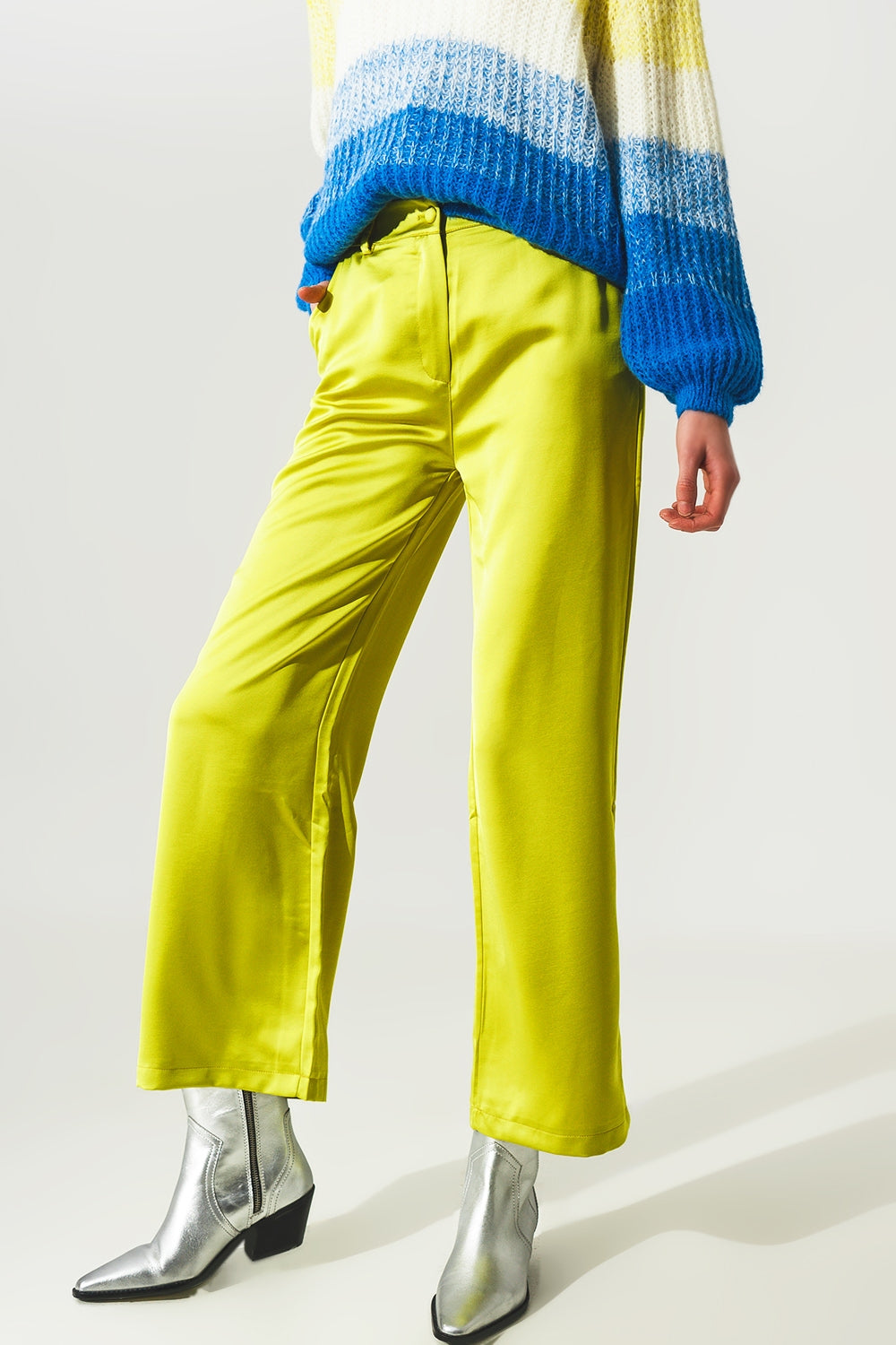 Wide leg satin pants in lime green - trousers