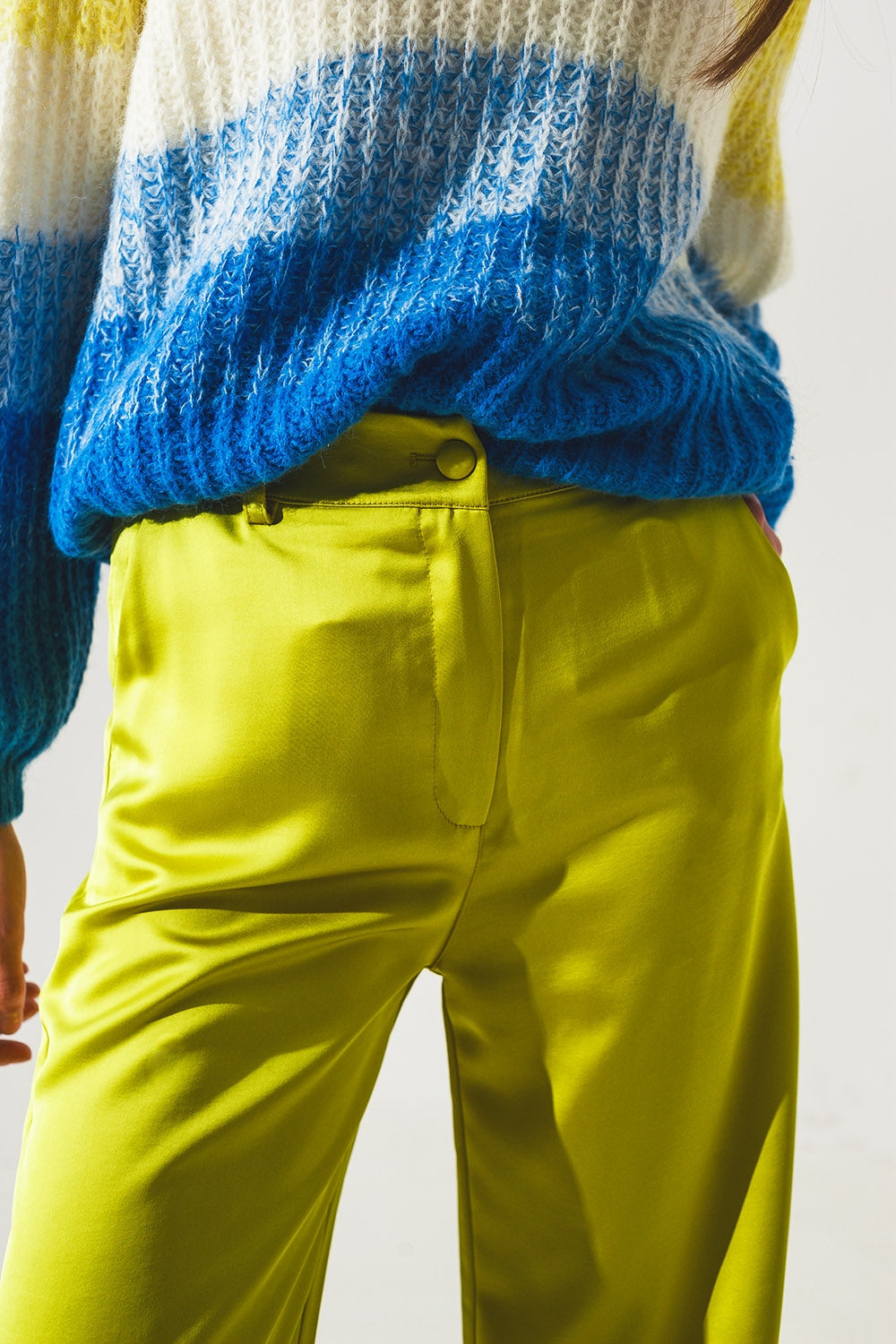 Wide leg satin pants in lime green - trousers