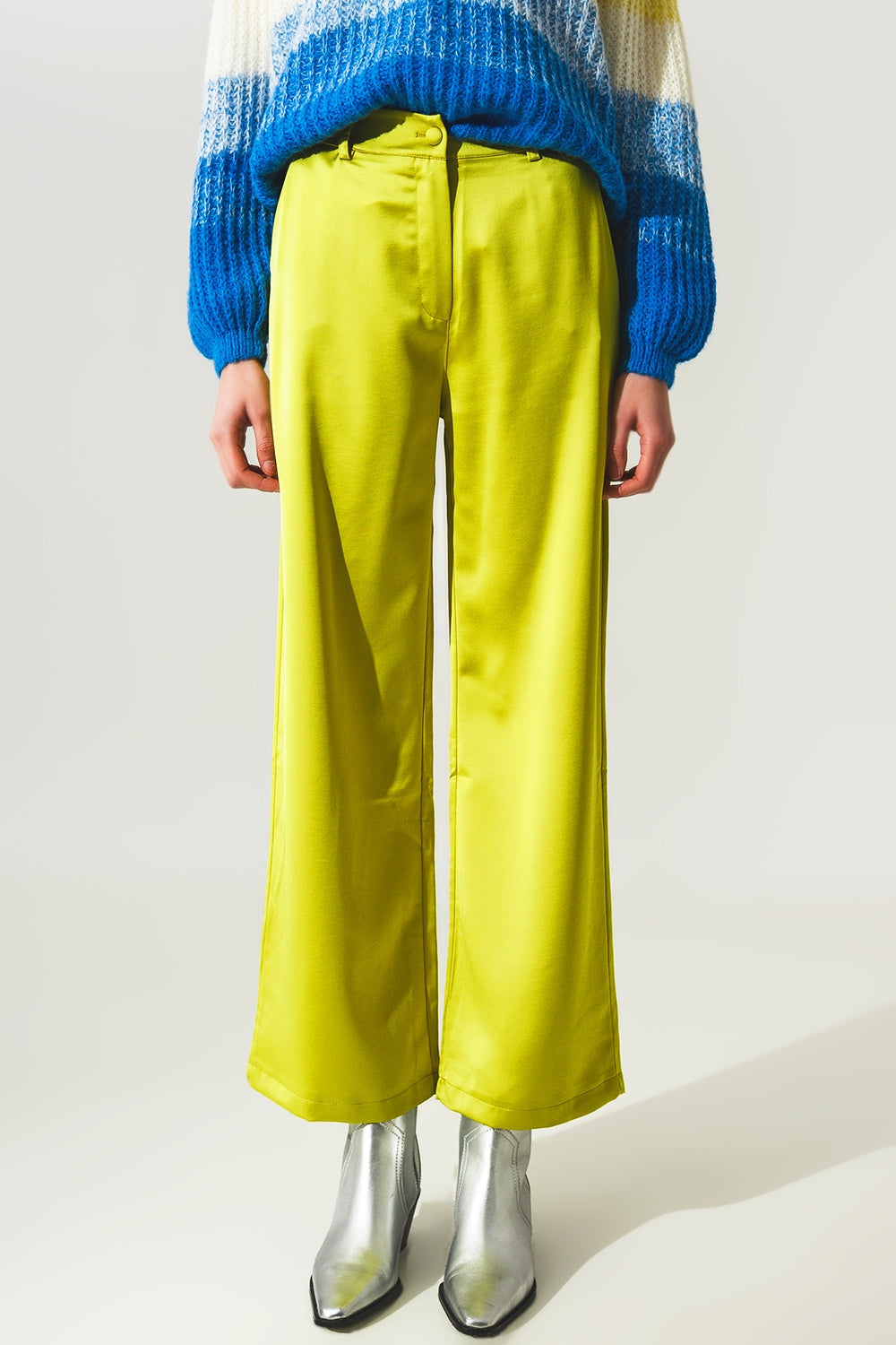 Wide leg satin pants in lime green - trousers
